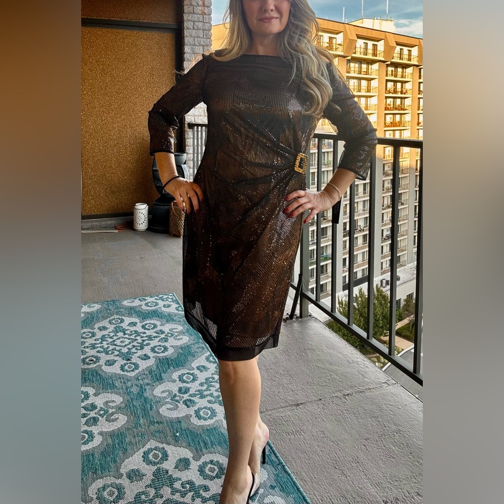 Brown Sequin Dress with 3/4 Sleeves and Crew Neck
